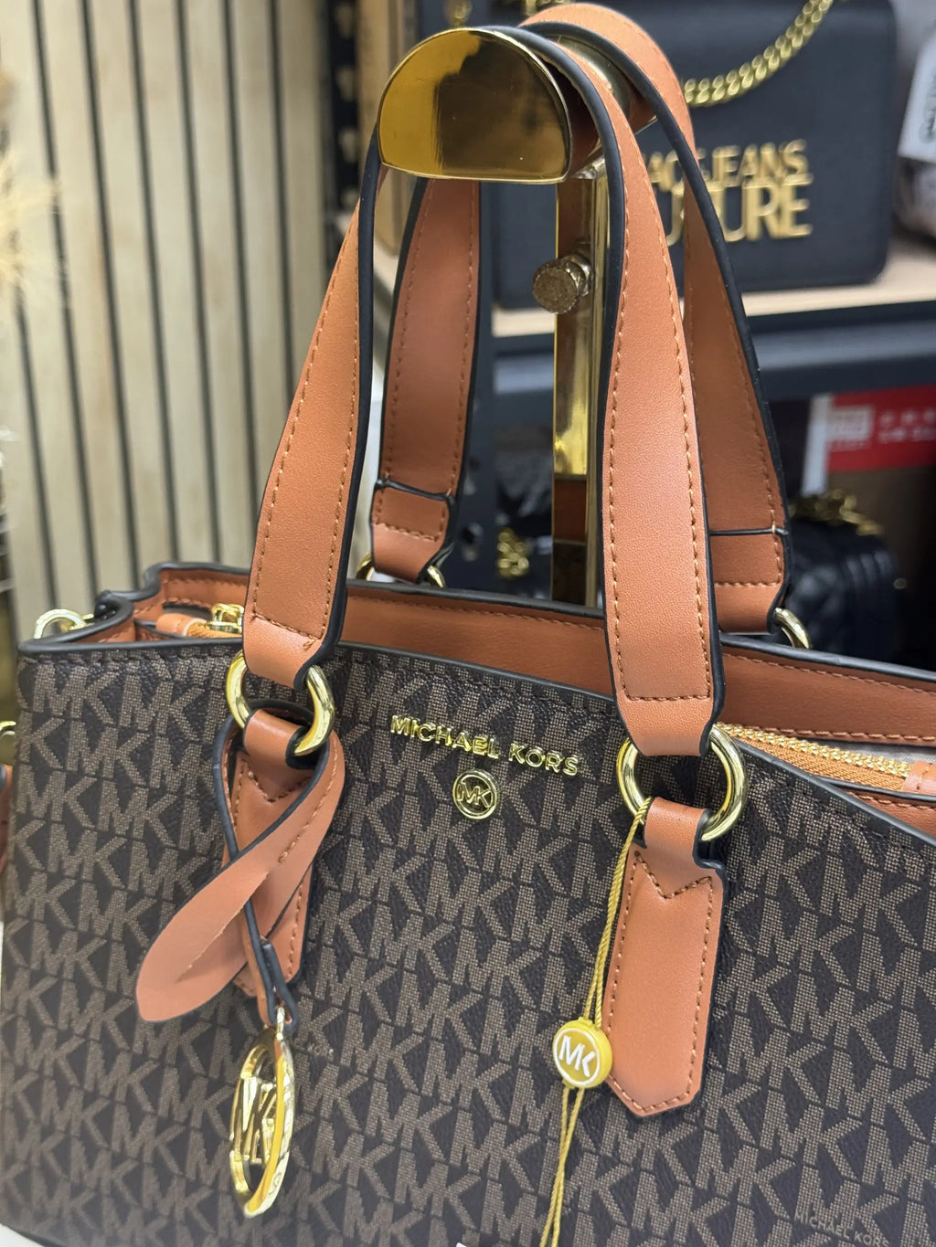Michael Kors Emma Signature MK Satchel Tote With Shoulder Strap With Box And Dust Bag Coffee