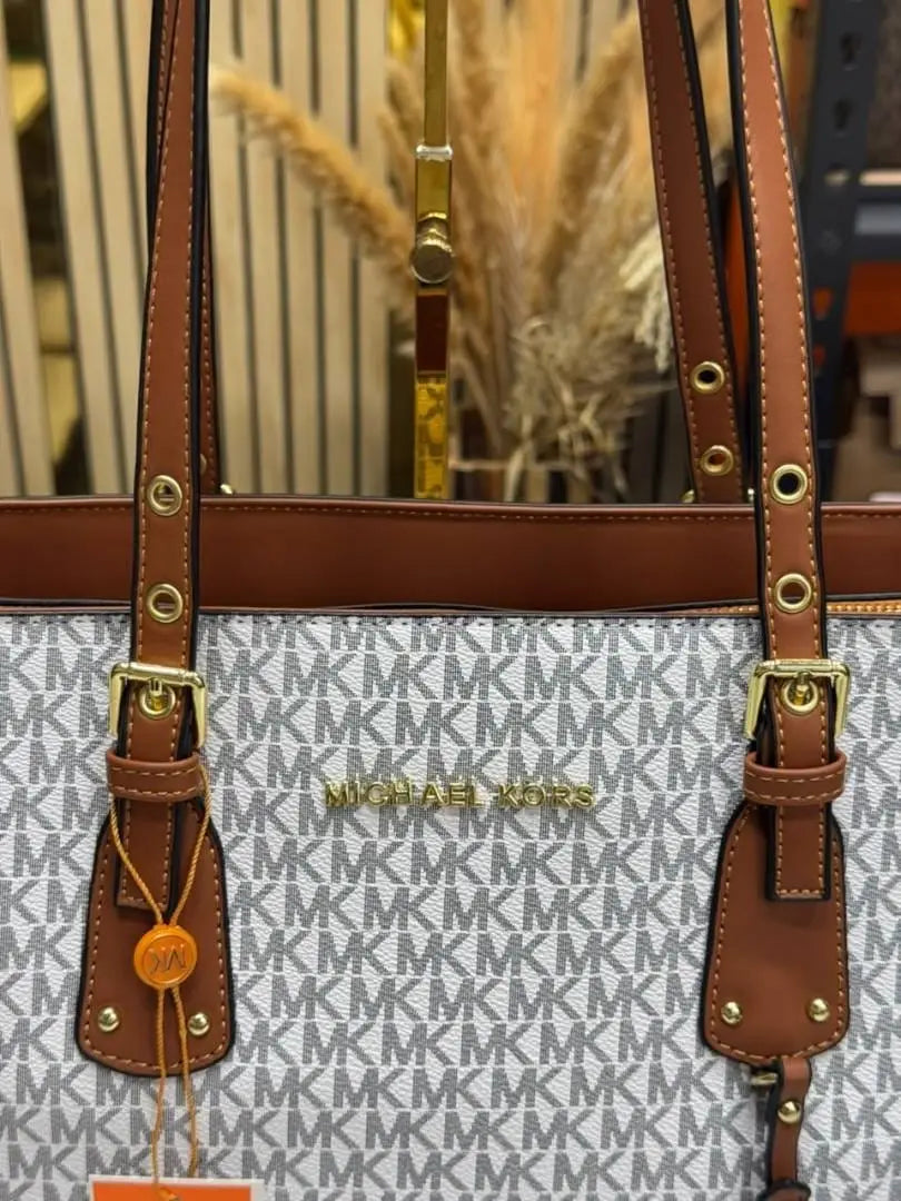 Michael Kors Jet Set Travel Signature Logo Large Top-Zip Tote Bag With Dust Bag Beige Brown