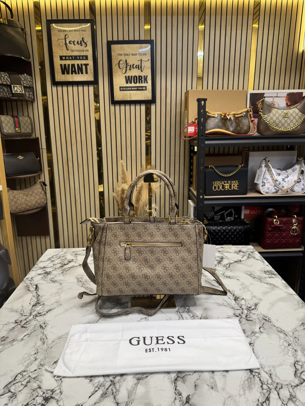 Guess Monogram Logo Satchel Bag Beige With Dust Bag