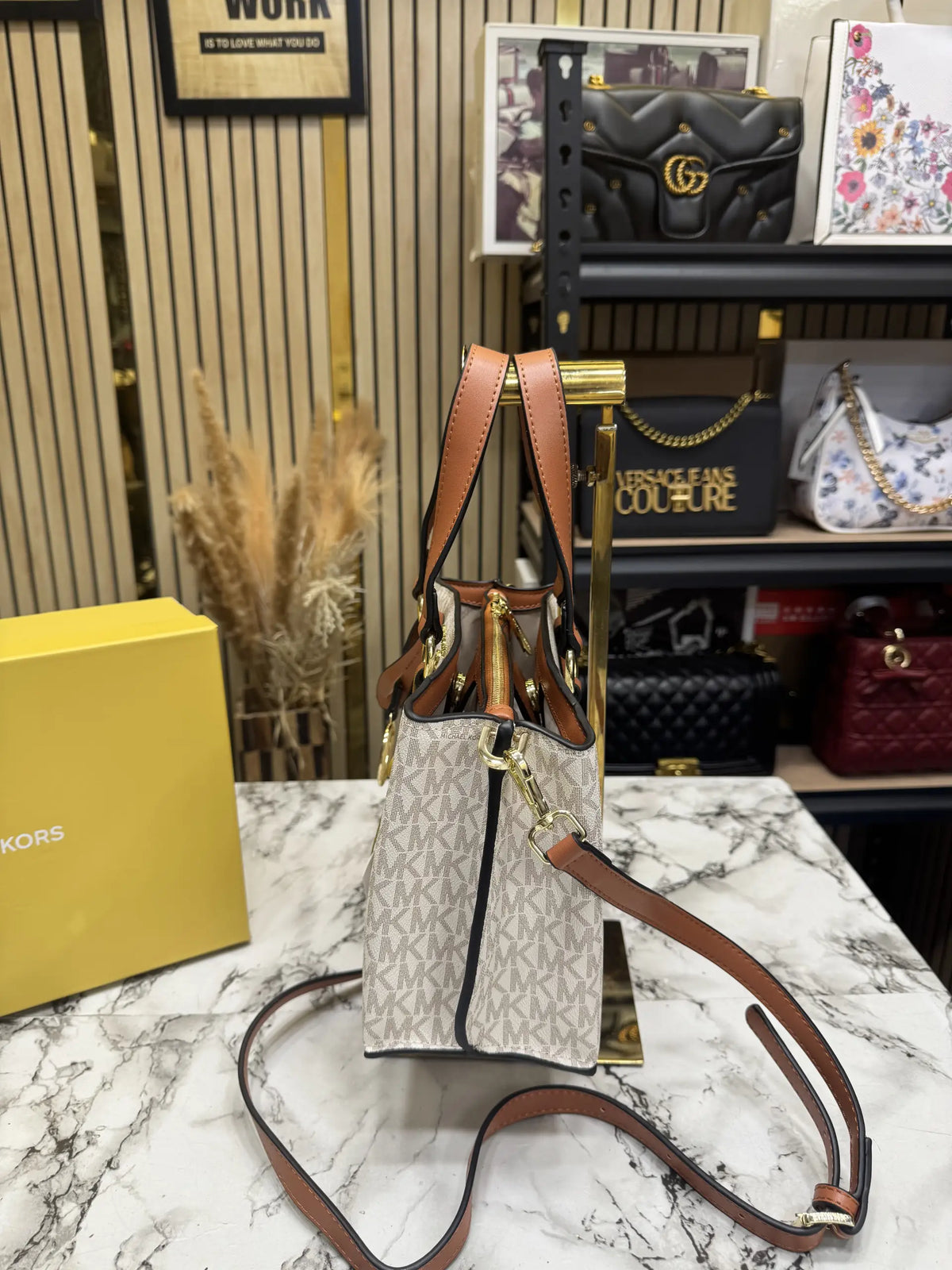 Michael Kors Emma Signature MK Satchel Tote With Shoulder Strap With Box And Dust Bag Beige