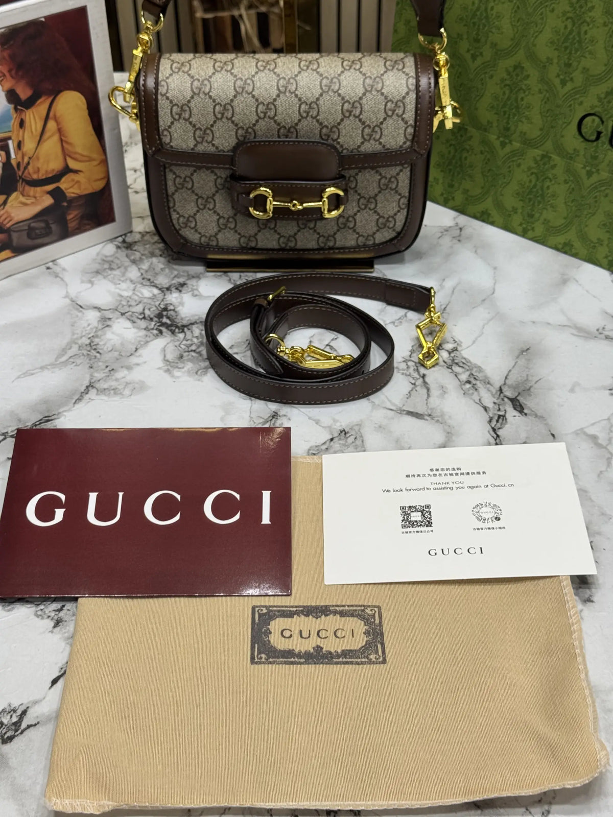 Gucci Horsebit 1955 Shoulder Bag GG Supreme Brown With Double Box Carry Bag  Dust Bag 658574