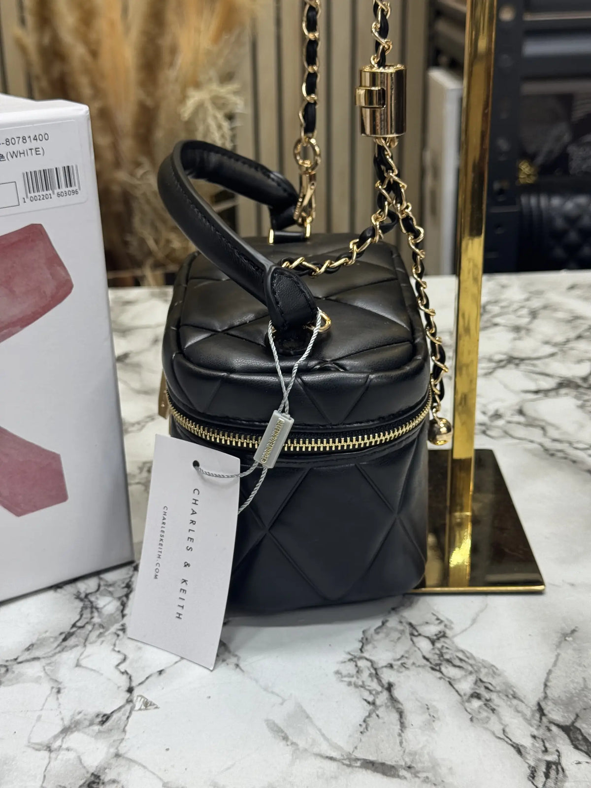 Charles  Keith Alva Quilted Top Handle Bag With OG Box  Black