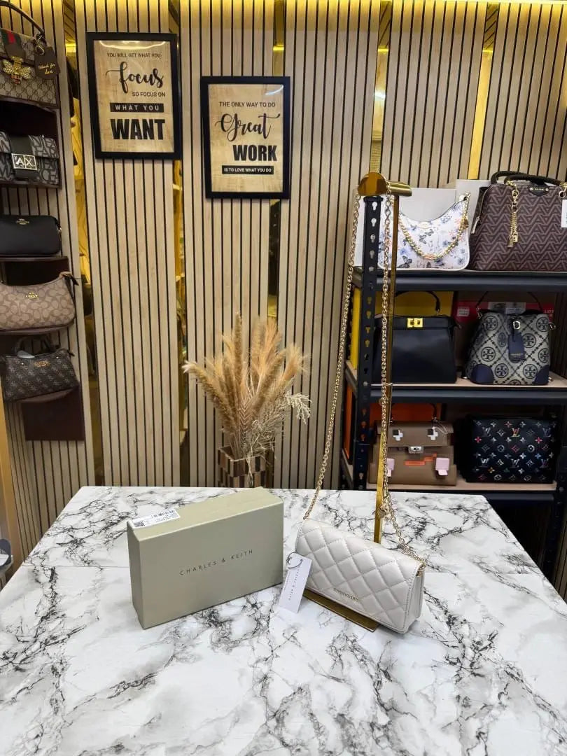 Charles and Keith Quilted Shoulder Bag With Box White