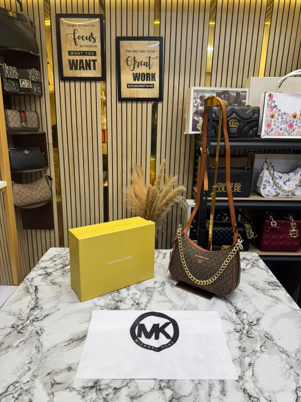 MICHAEL KORS CHARM SLING BAG WITH OG BOX AND DUST BAG COFFEE BROWN