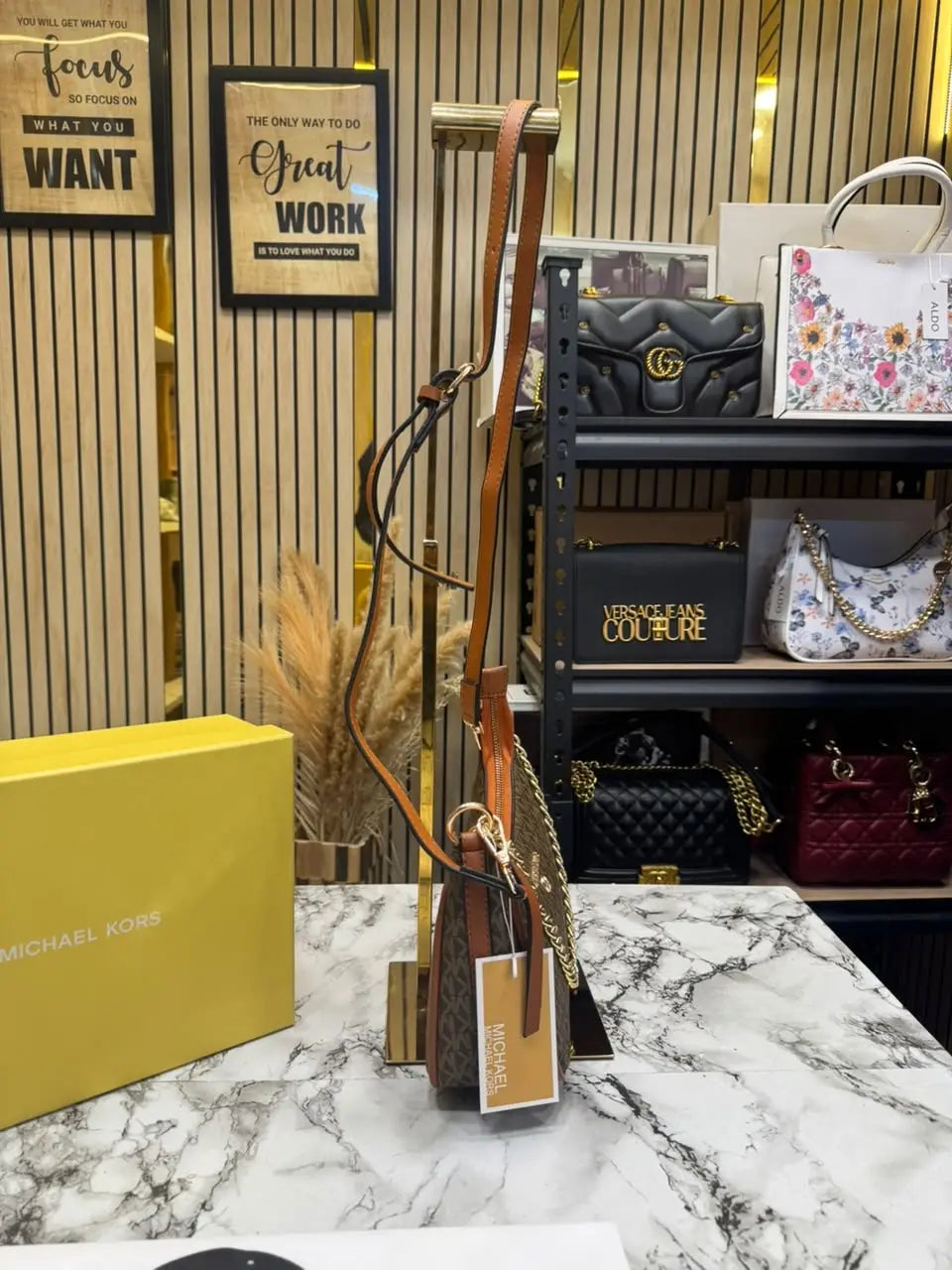 MICHAEL KORS CHARM SLING BAG WITH OG BOX AND DUST BAG COFFEE BROWN
