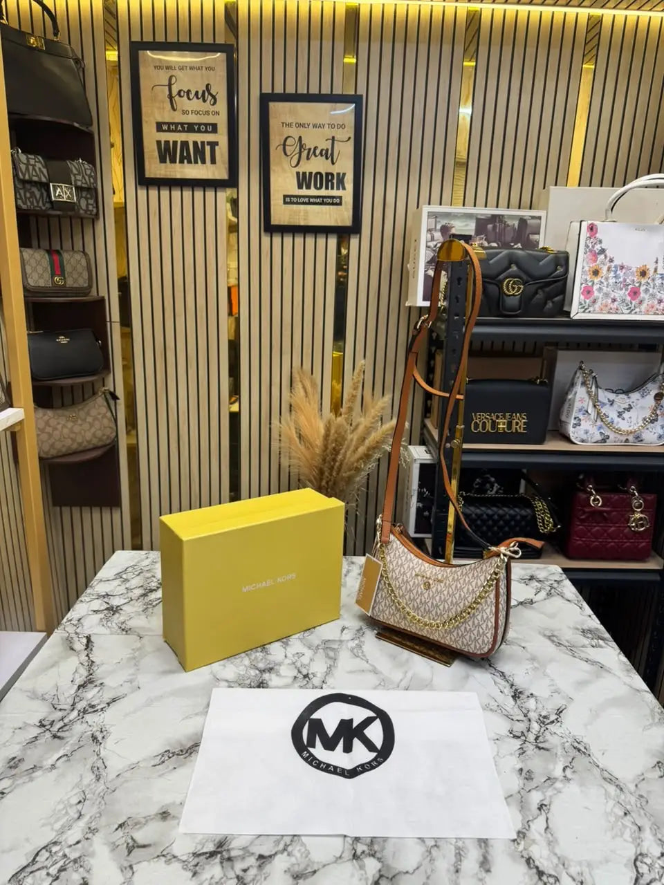 MICHAEL KORS CHARM SLING BAG WITH OG BOX AND DUST BAG BIEGE BROWN