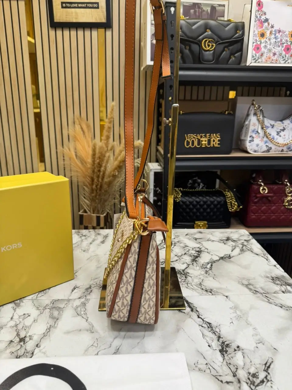MICHAEL KORS CHARM SLING BAG WITH OG BOX AND DUST BAG BIEGE BROWN