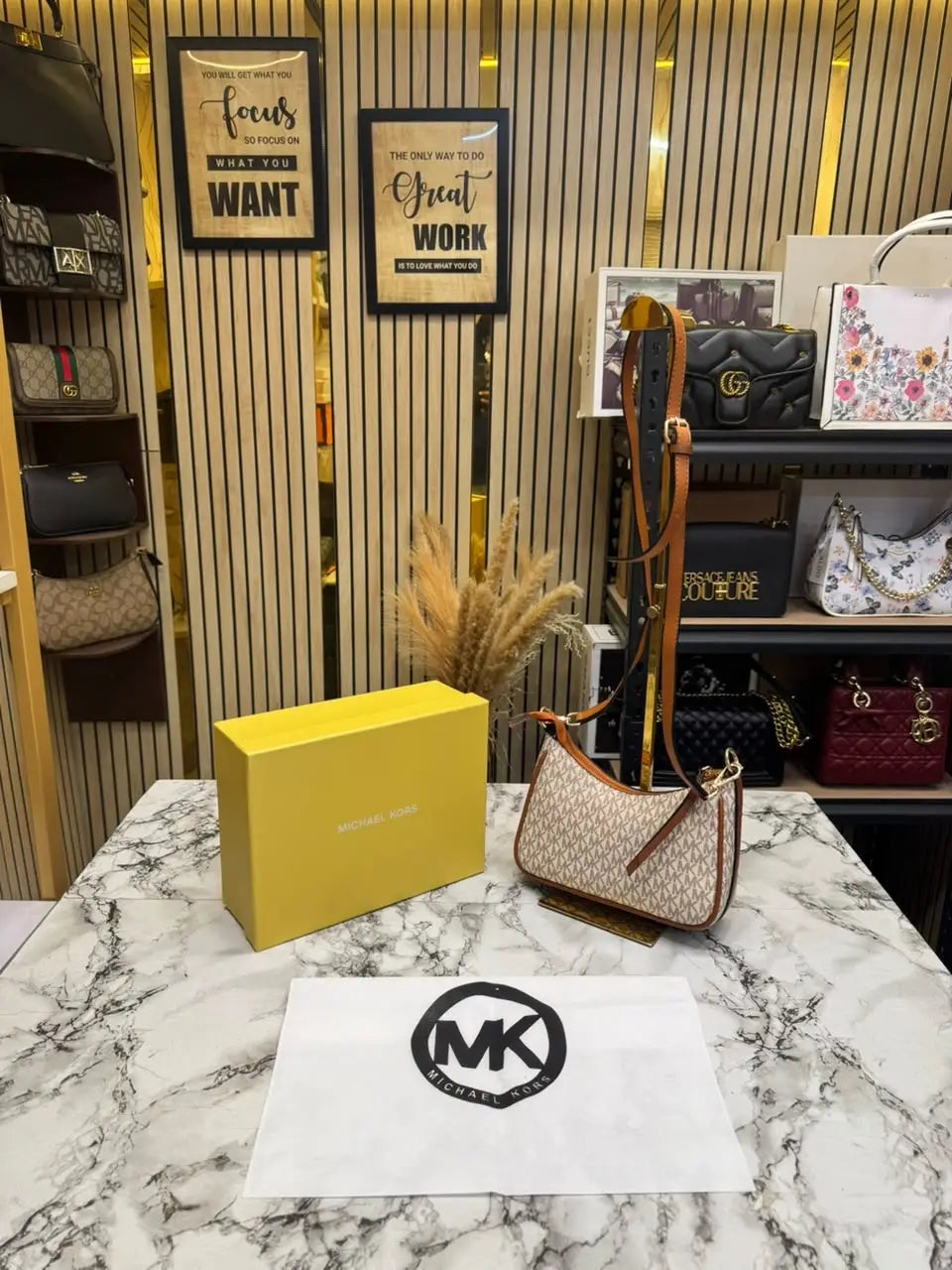 MICHAEL KORS CHARM SLING BAG WITH OG BOX AND DUST BAG BIEGE BROWN