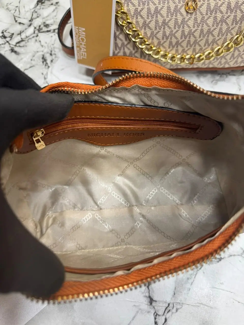 MICHAEL KORS CHARM SLING BAG WITH OG BOX AND DUST BAG BIEGE BROWN
