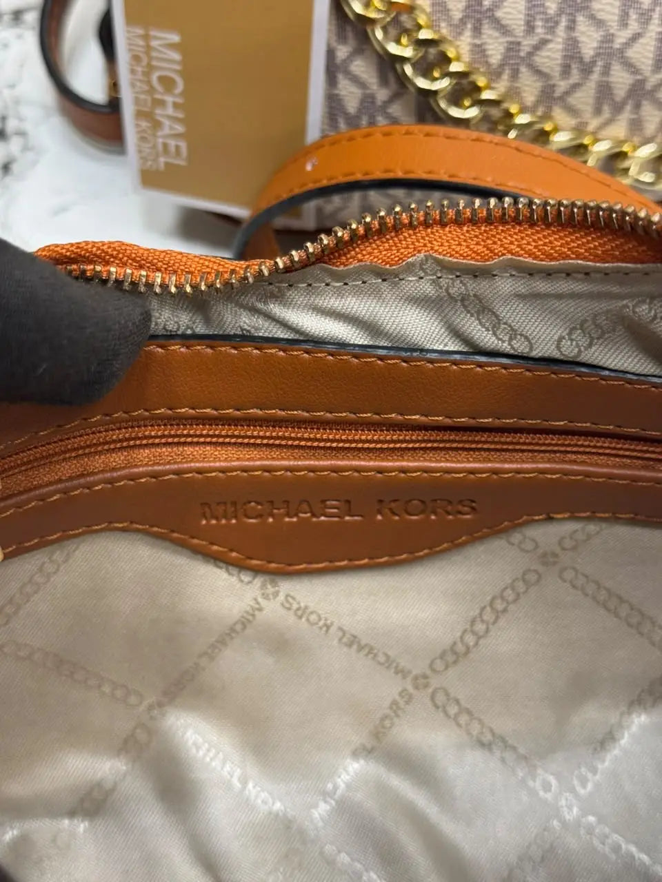 MICHAEL KORS CHARM SLING BAG WITH OG BOX AND DUST BAG BIEGE BROWN