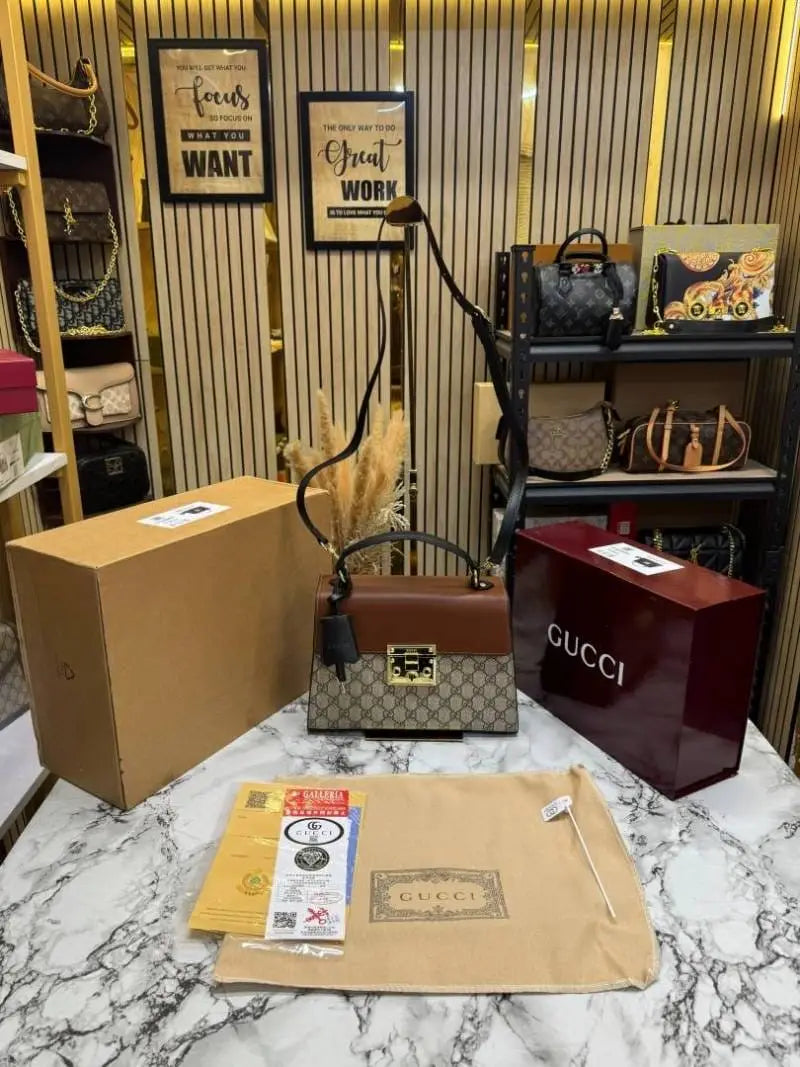 Gucci Padlock Monogram Top Handle Shoulder Bag With Double Box And Dust Bag Brown