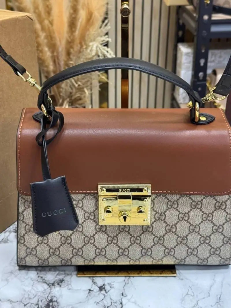 Gucci Padlock Monogram Top Handle Shoulder Bag With Double Box And Dust Bag Brown