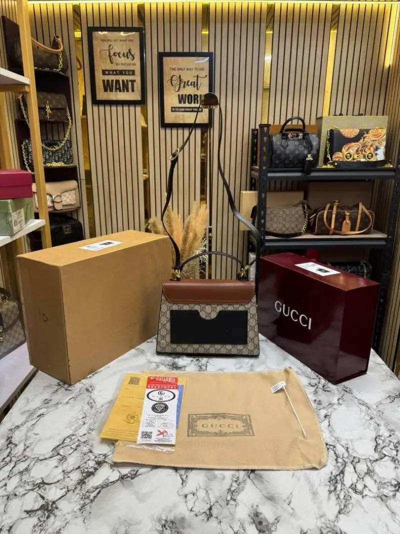 Gucci Padlock Monogram Top Handle Shoulder Bag With Double Box And Dust Bag Brown