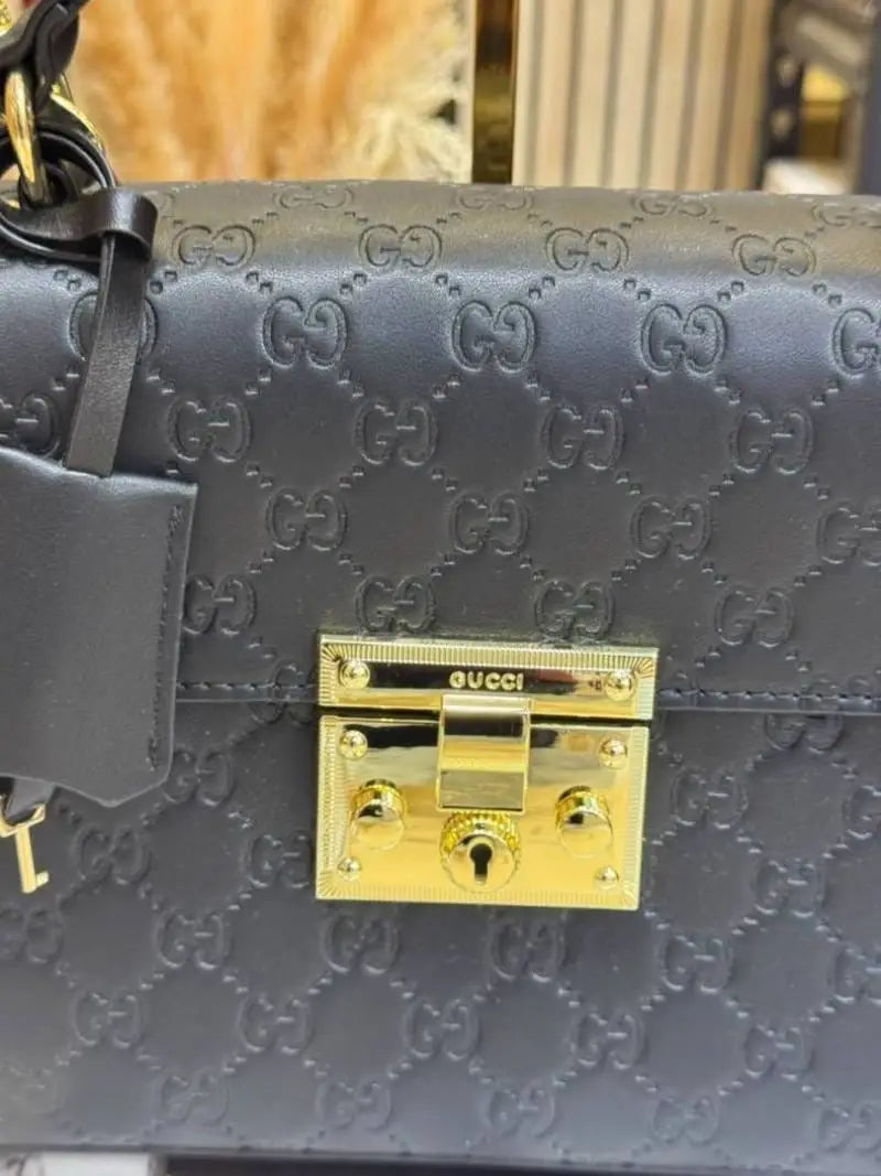 Gucci Padlock Monogram Top Handle Shoulder Bag With Double Box And Dust Bag Black