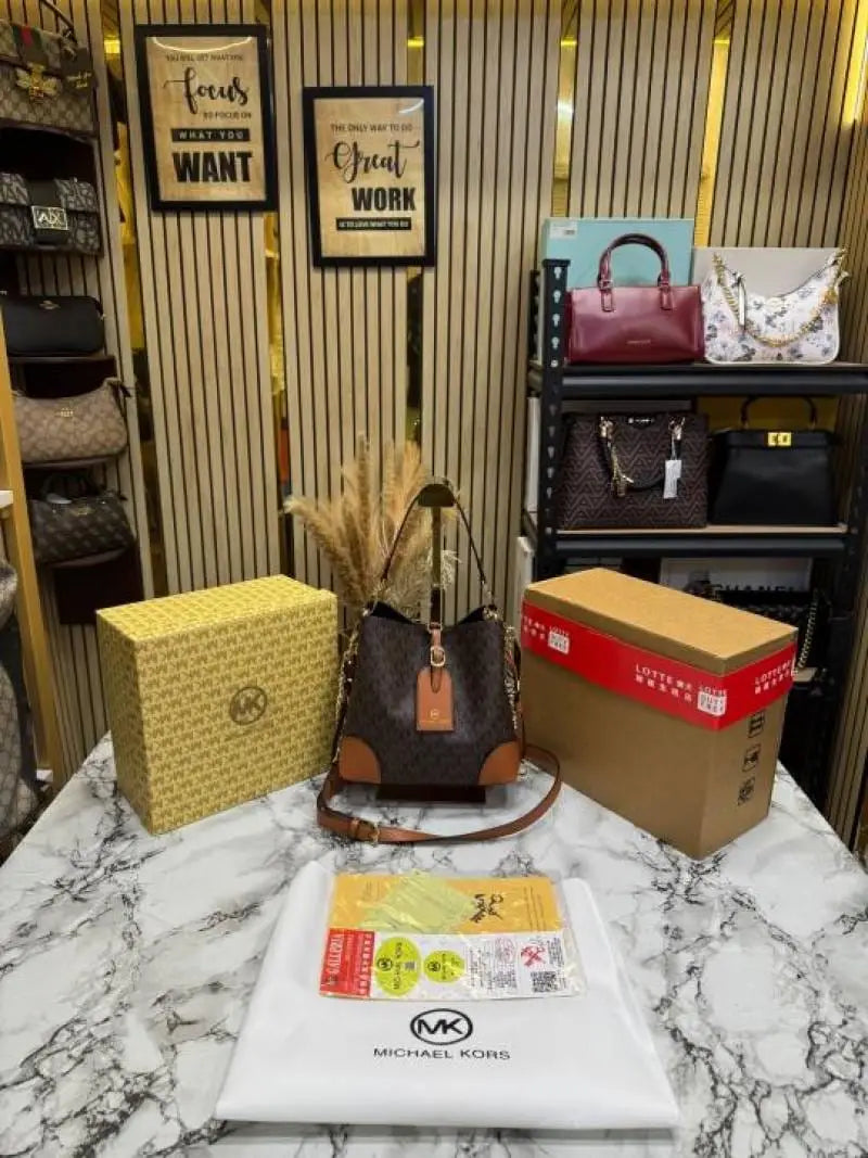 Michael Kors Mk Mercer Signature Bucket Bag with Double Box And Dust Bag Brown 60429