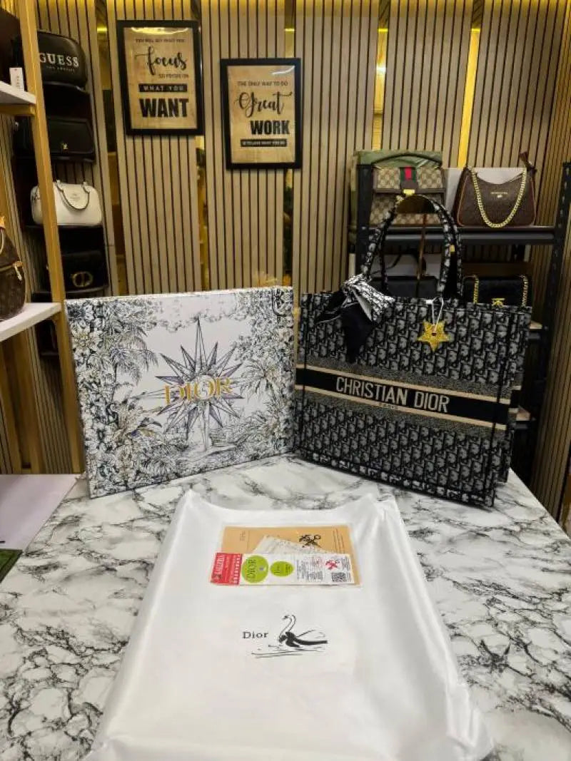 Christian Dioor Book Tote With Scarf_And_Logo_Pendent_Including_Box_Dustbag_Black