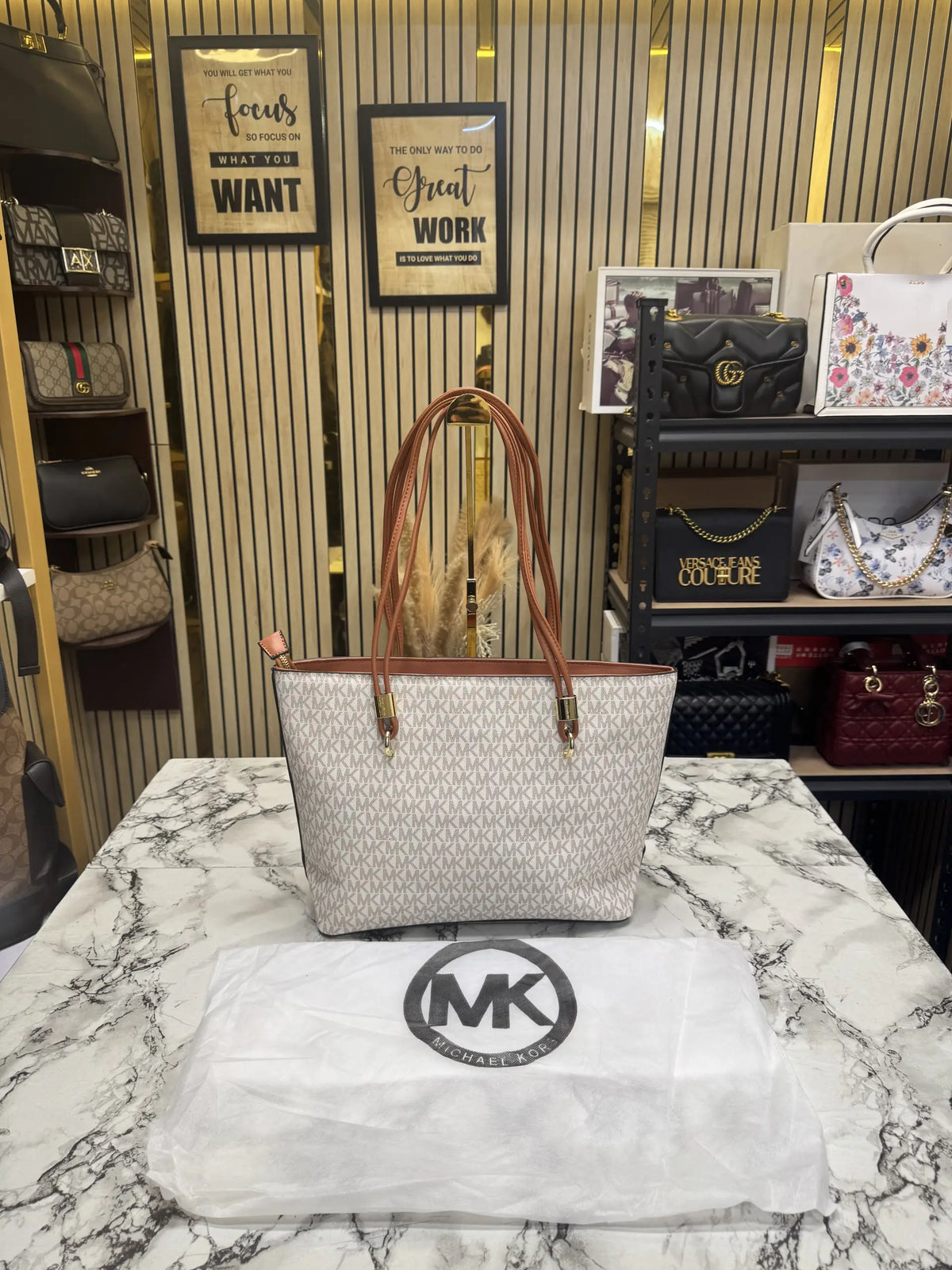 Michael Kors Jet Set Travel Large Logo Tote Bag  With Dust Bag  Biege Brown