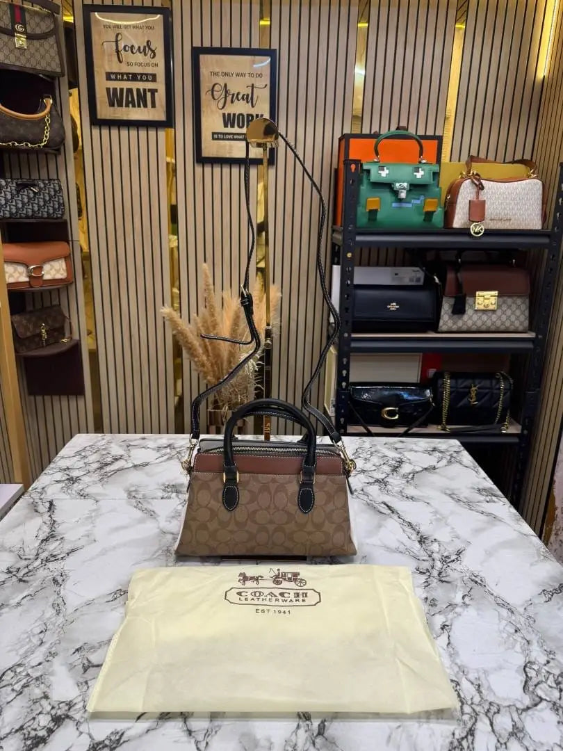 Coach Darcie Signature Canvas Satchel Bag With Crossbody Strap And Dust Bag Apricot