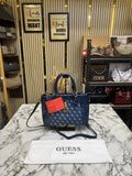 Guess Monogram Logo Satchel Bag Navy Blue With Dust Bag