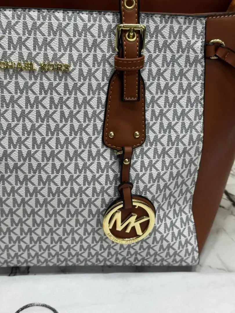 Michael Kors Jet Set Travel Signature Logo Large Top-Zip Tote Bag With Dust Bag Beige Brown