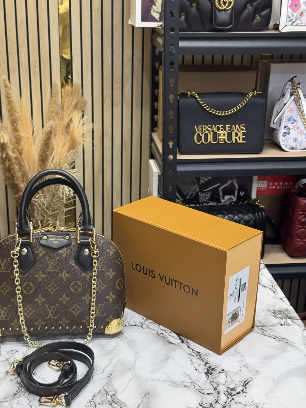 LOUIS VUITTON ALMA TRUNK BB MONOGRAM PREMIUM BAG WITH OG DOUBLE BOX AND DUST BAG COFFEE BLACK