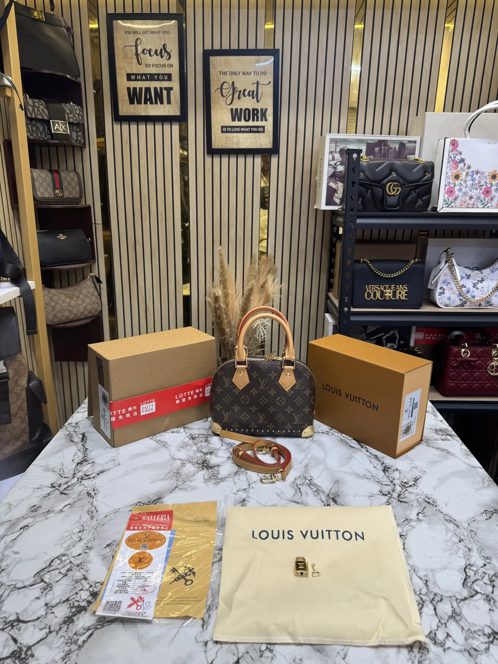 LOUIS VUITTON ALMA TRUNK BB MONOGRAM PREMIUM BAG WITH OG DOUBLE BOX AND DUST BAG COFFEE BROWN