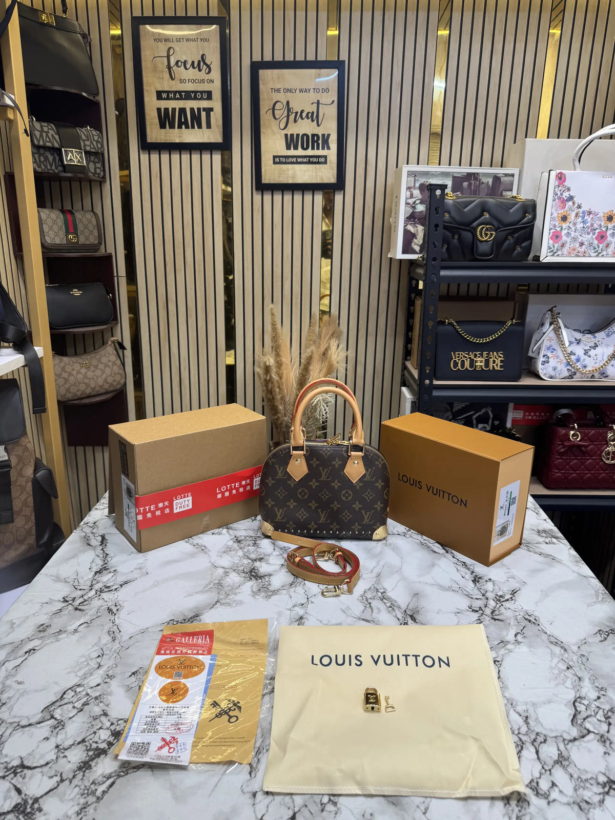 LOUIS VUITTON ALMA TRUNK BB MONOGRAM PREMIUM BAG WITH OG DOUBLE BOX AND DUST BAG COFFEE BROWN