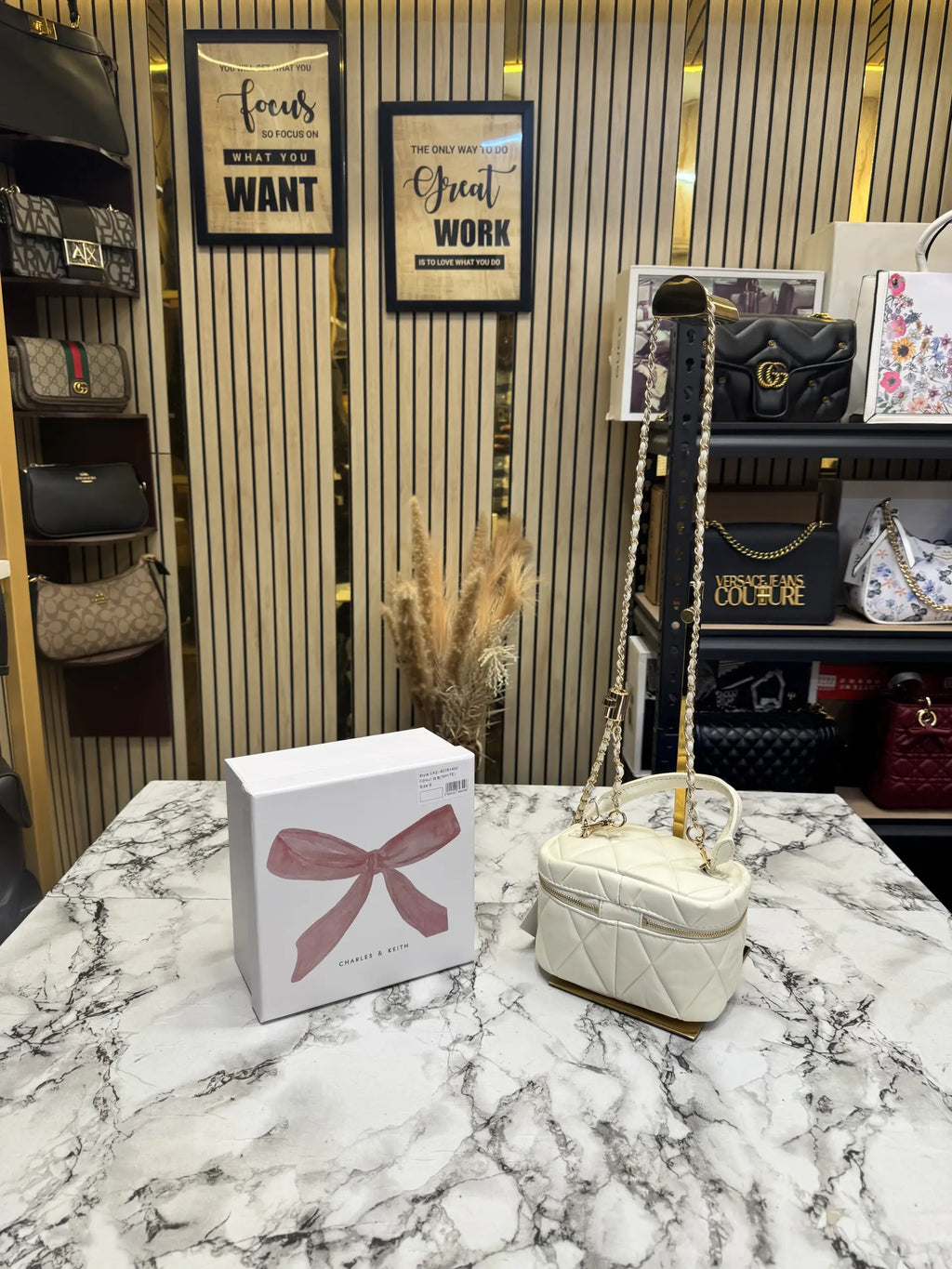Charles  Keith Alva Quilted Top Handle Bag With OG box  White