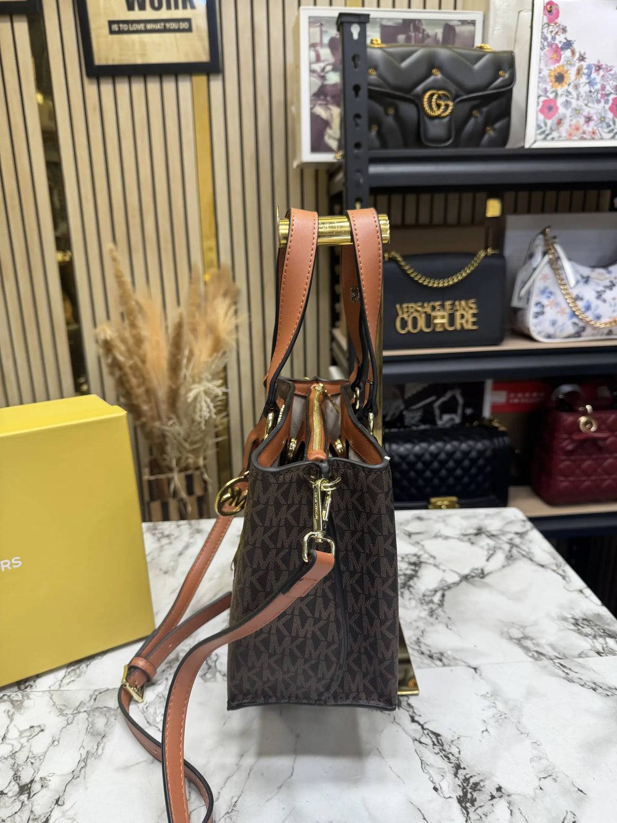 Michael Kors Emma Signature MK Satchel Tote With Shoulder Strap With Box And Dust Bag Coffee