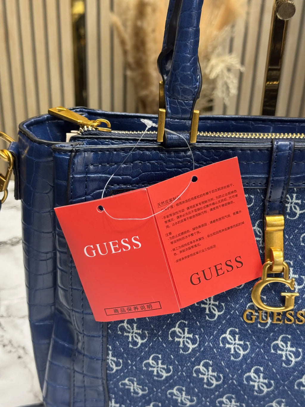 Guess Monogram Logo Satchel Bag Navy Blue With Dust Bag
