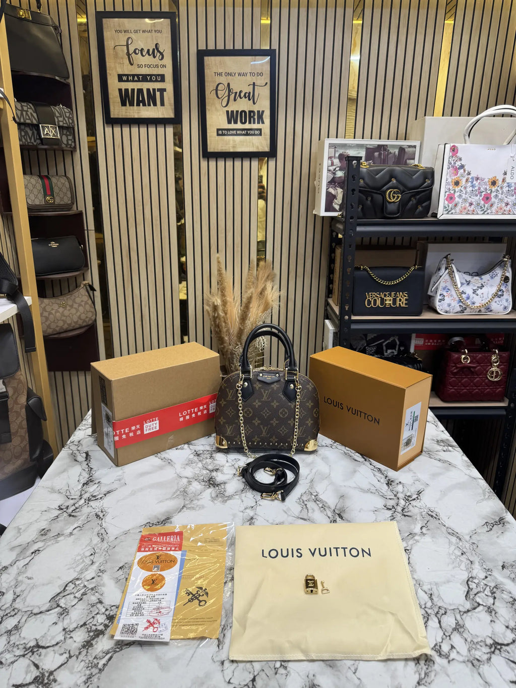 LOUIS VUITTON ALMA TRUNK BB MONOGRAM PREMIUM BAG WITH OG DOUBLE BOX AND DUST BAG COFFEE BLACK