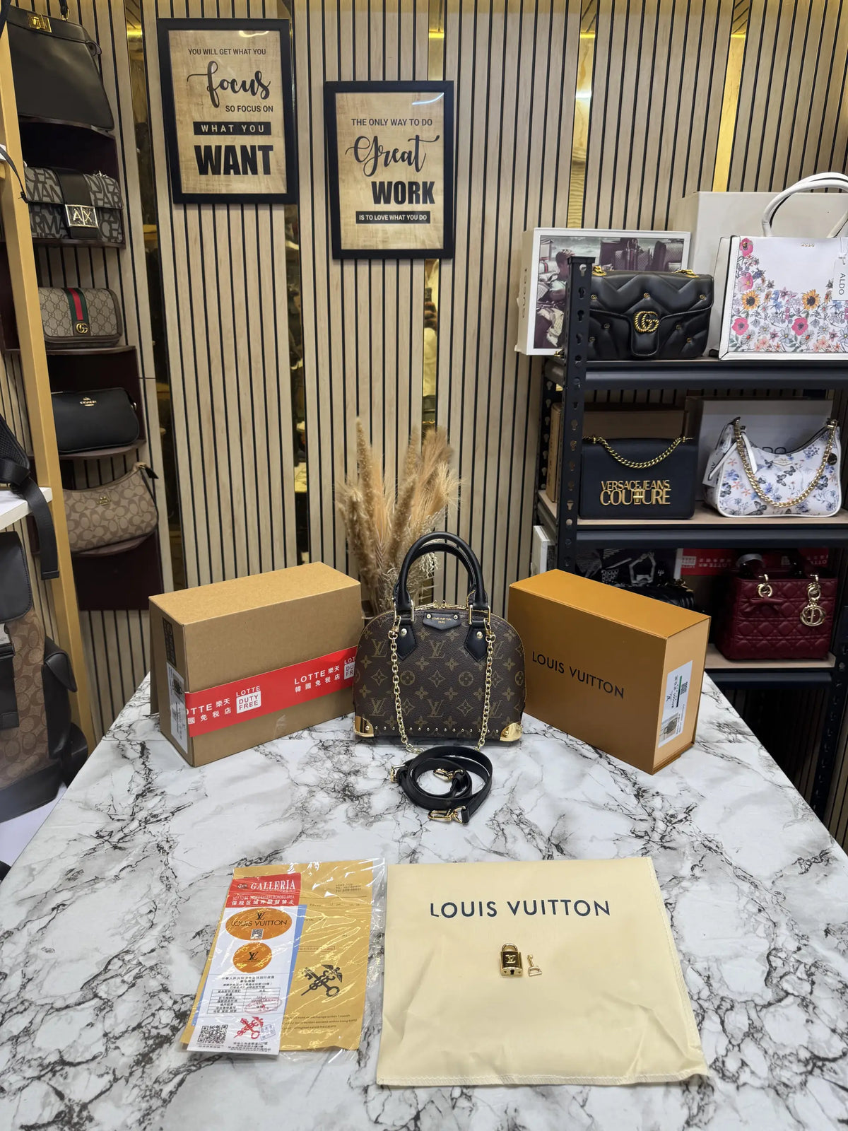 LOUIS VUITTON ALMA TRUNK BB MONOGRAM PREMIUM BAG WITH OG DOUBLE BOX AND DUST BAG COFFEE BLACK