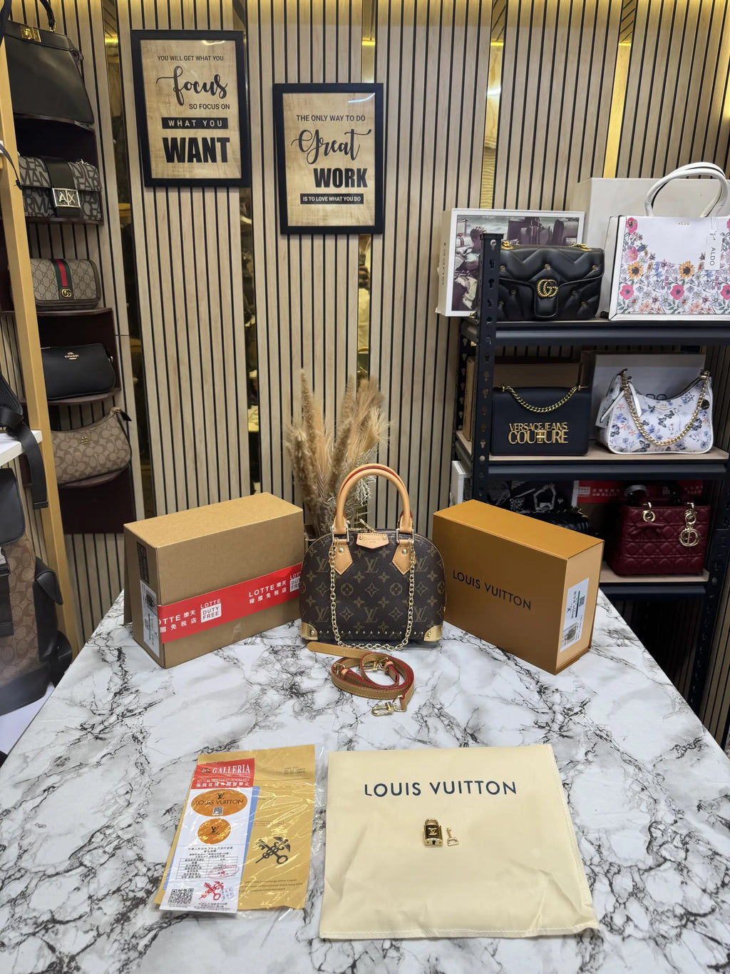 LOUIS VUITTON ALMA TRUNK BB MONOGRAM PREMIUM BAG WITH OG DOUBLE BOX AND DUST BAG COFFEE BROWN