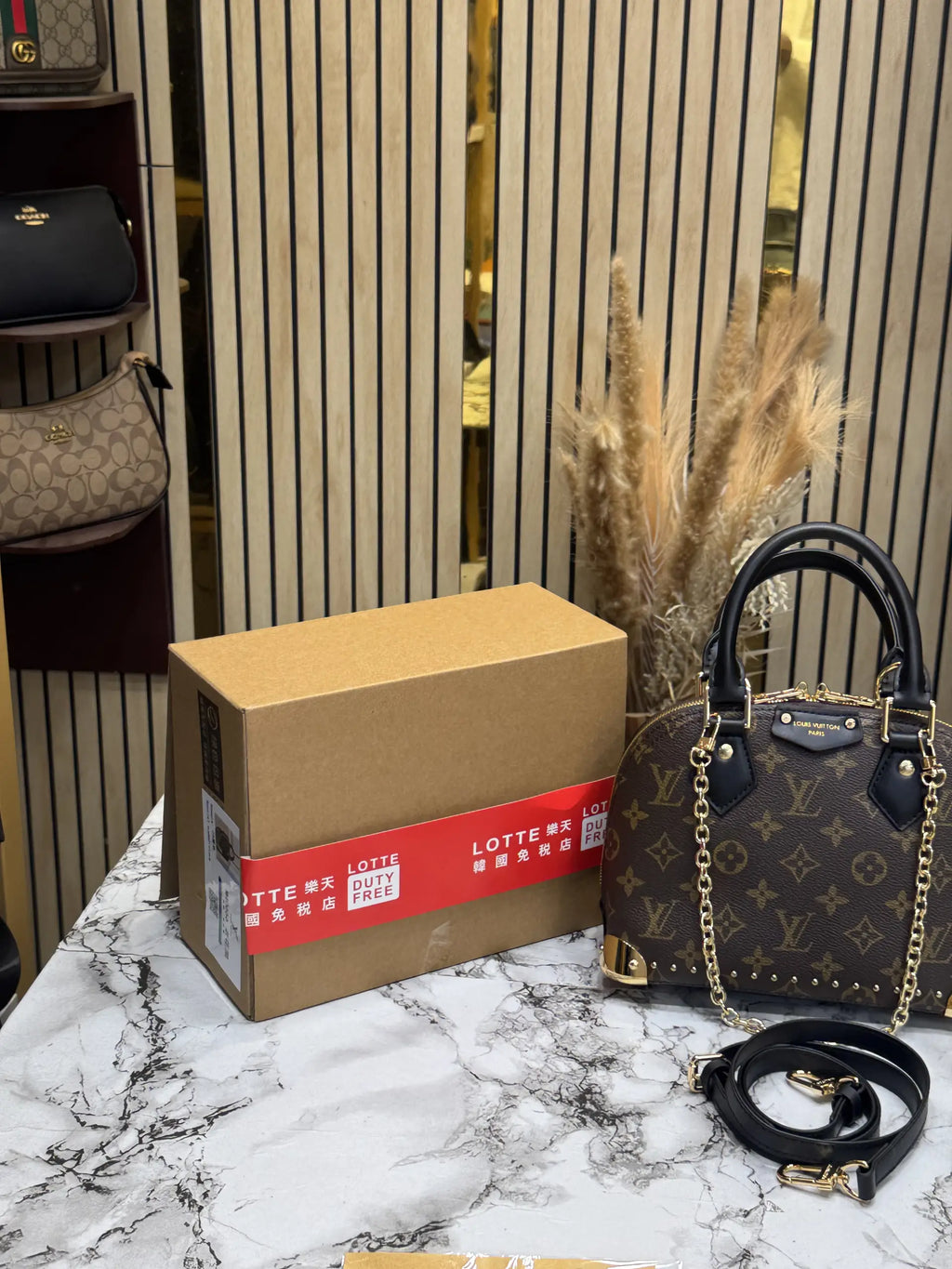 LOUIS VUITTON ALMA TRUNK BB MONOGRAM PREMIUM BAG WITH OG DOUBLE BOX AND DUST BAG COFFEE BLACK