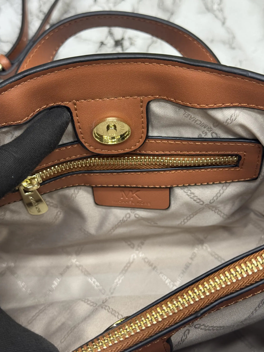 Michael Kors Emma Signature MK Satchel Tote With Shoulder Strap With Box And Dust Bag Beige
