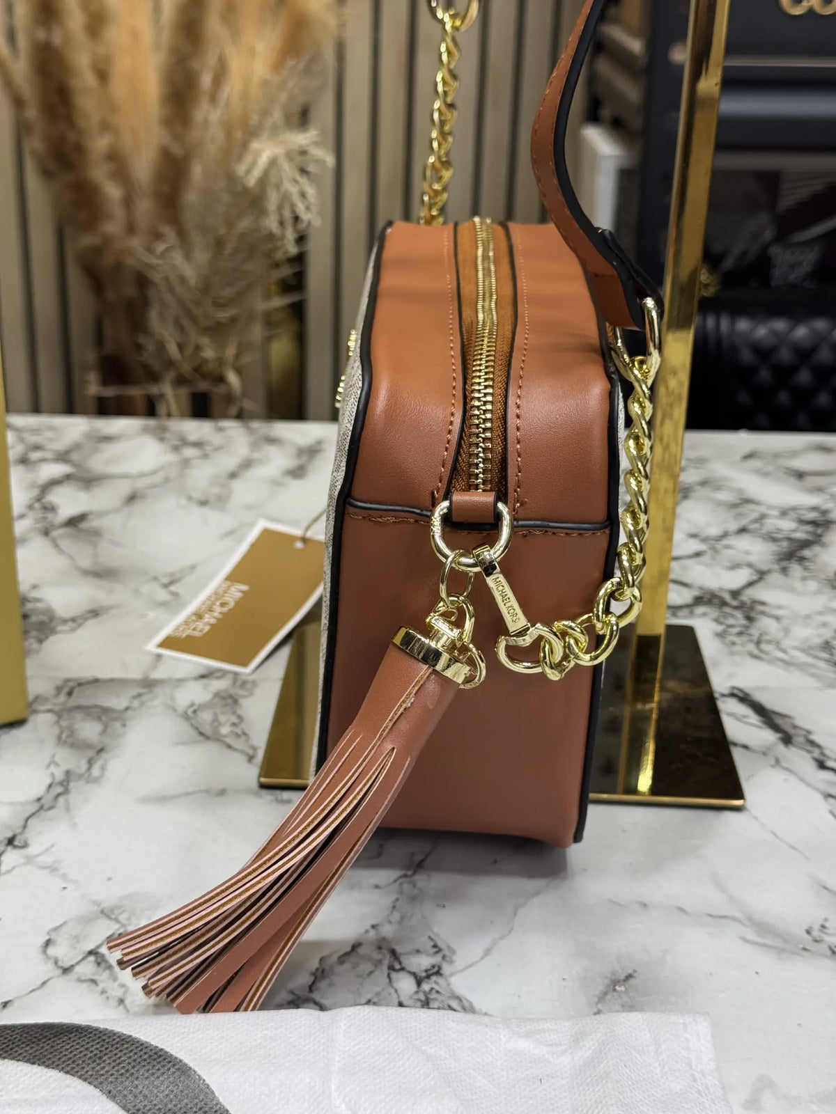 Michael Kors Jet Set Medium Logo Camera Bag Biege Brown With Box  Dust Bag 60688