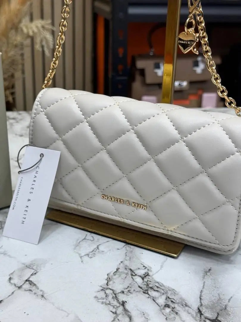 Charles and Keith Quilted Shoulder Bag With Box White