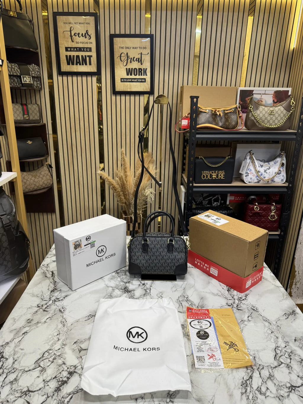 Michael Kors Camille Small Logo Satchel Black Double Box Dust Bag 99188