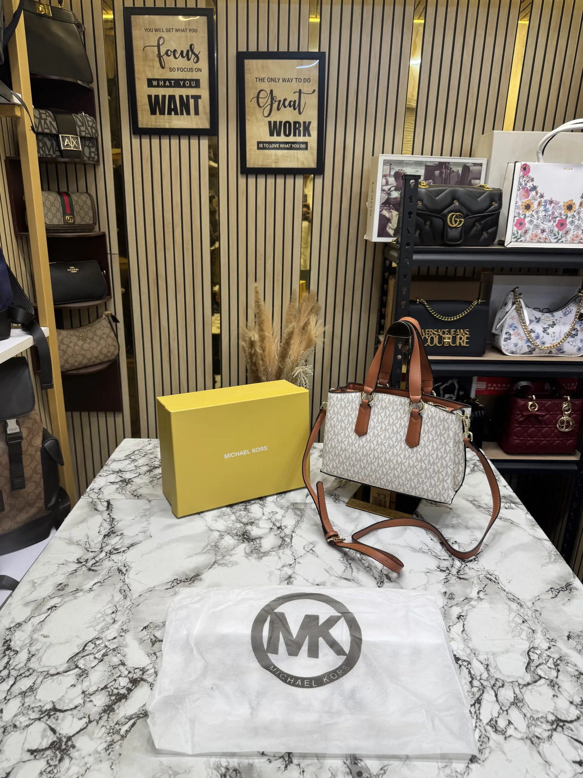 Michael Kors Emma Signature MK Satchel Tote With Shoulder Strap With Box And Dust Bag Beige