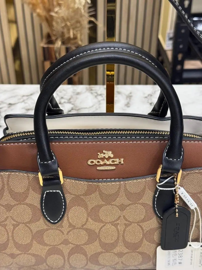 Coach Darcie Signature Canvas Satchel Bag With Crossbody Strap And Dust Bag Apricot