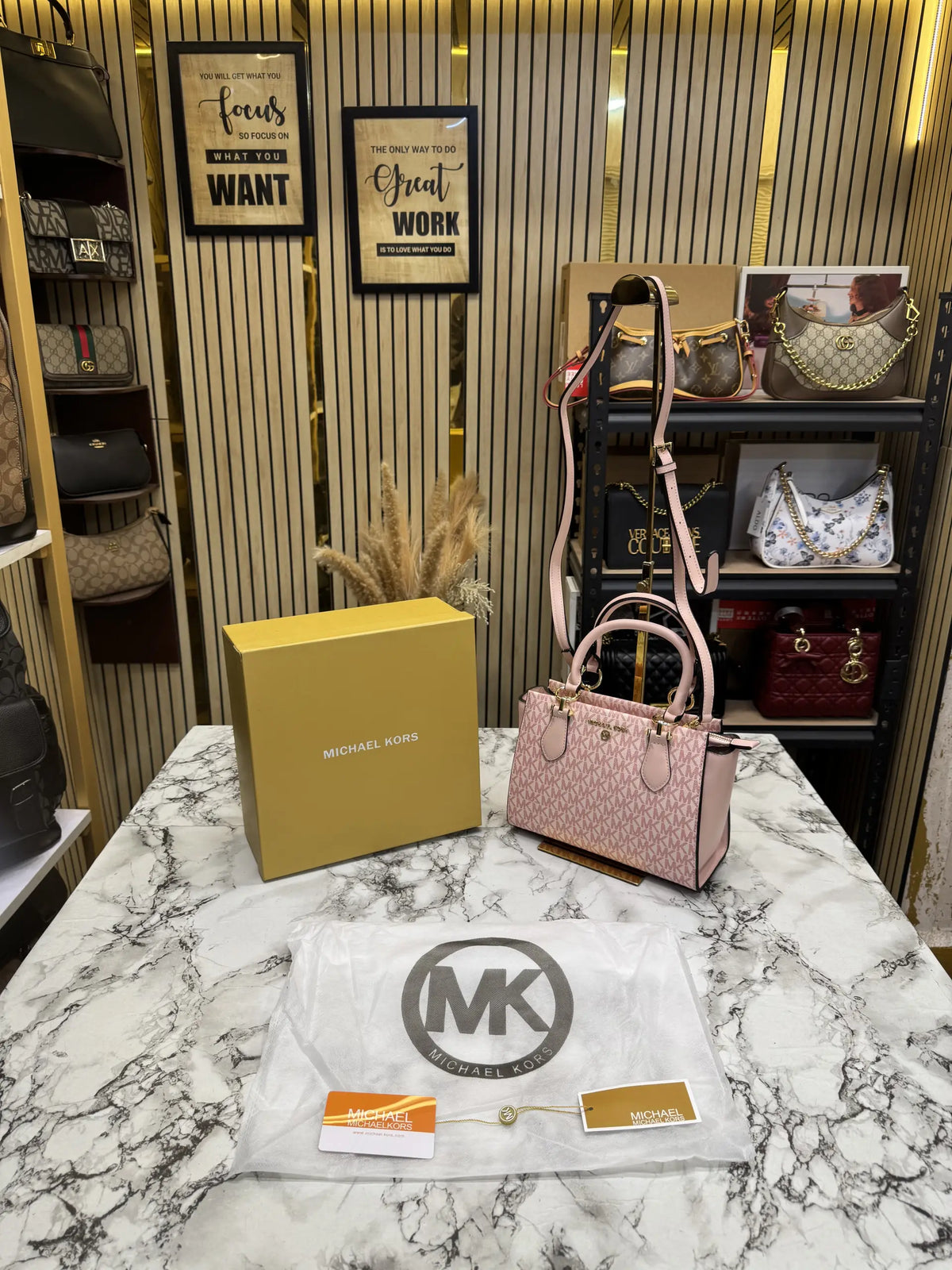 Michael Kors Marilyn Medium Signature Logo Satchel With Box And Dust Bag Pink