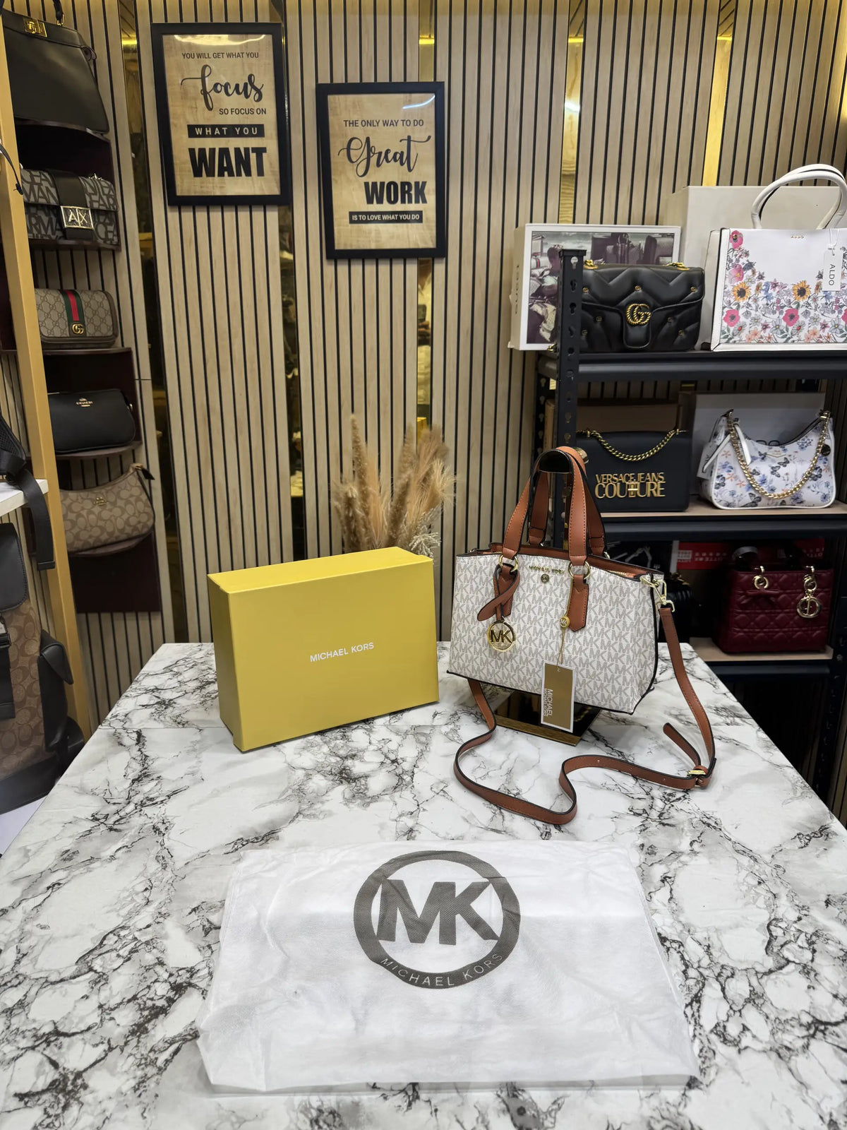 Michael Kors Emma Signature MK Satchel Tote With Shoulder Strap With Box And Dust Bag Beige