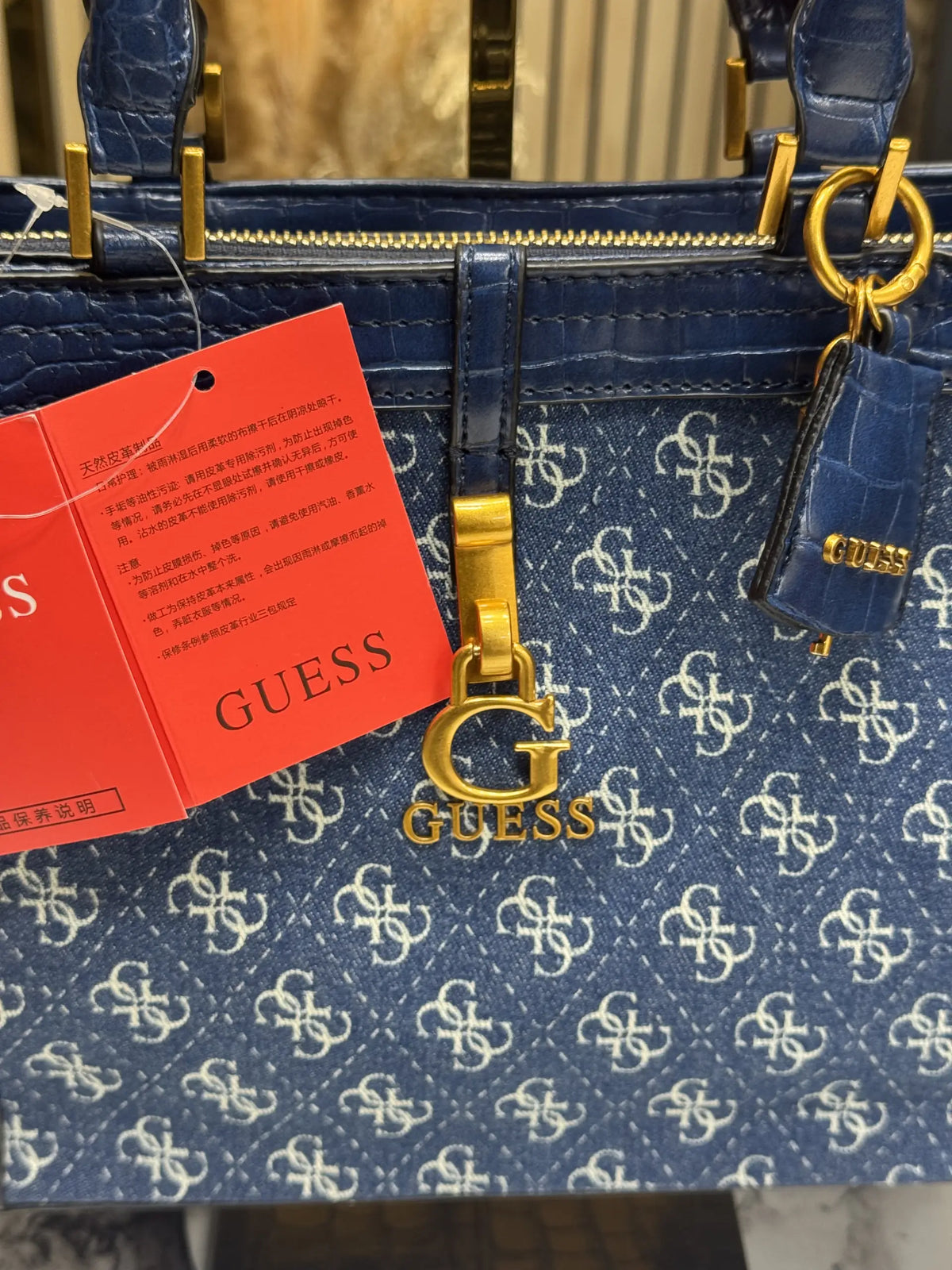 Guess Monogram Logo Satchel Bag Navy Blue With Dust Bag
