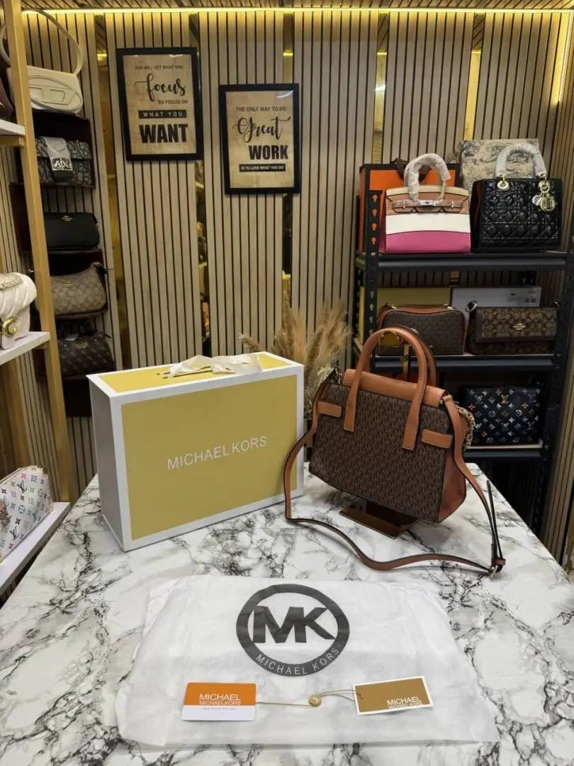 Michael kors Signature Carmen Flap Leather Satchel Handbag Brown
