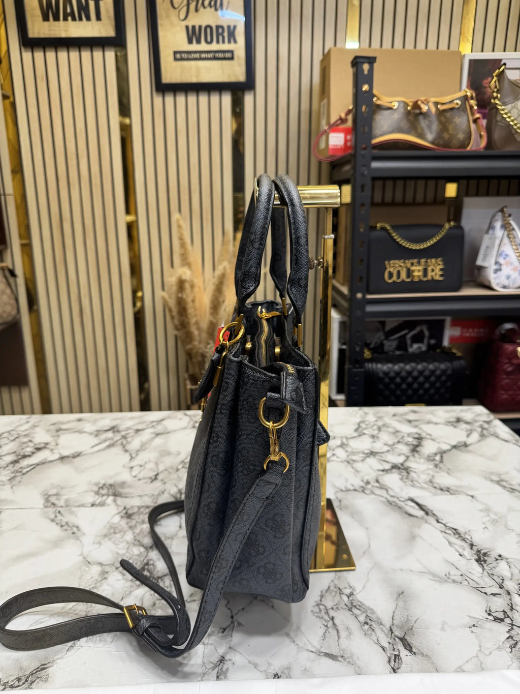 Guess Monogram Logo Satchel Bag Black With Dust Bag