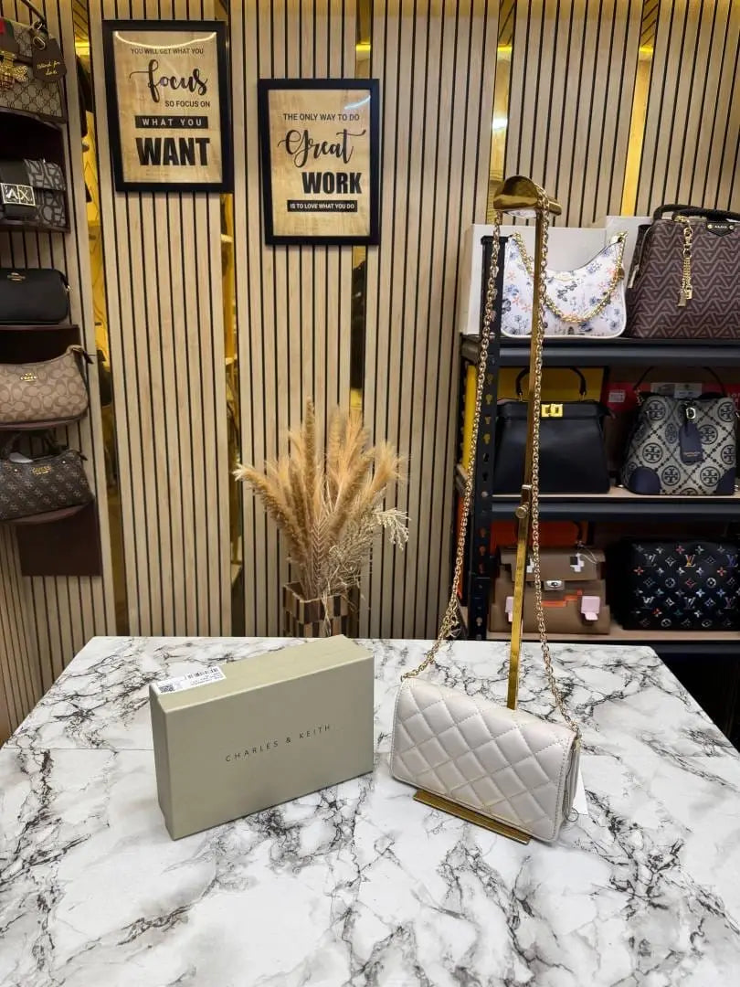 Charles and Keith Quilted Shoulder Bag With Box White