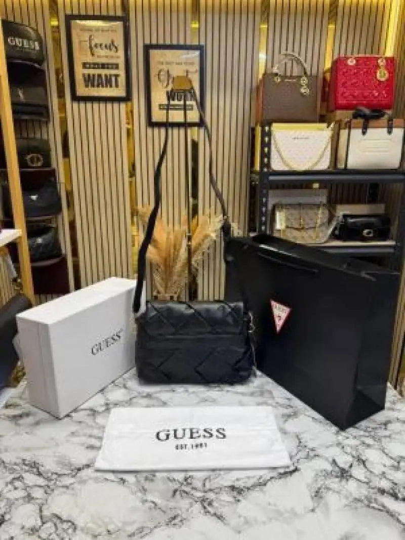 Guess Quilted Crossbody Bag With Box And Dust Bag Including Carry Bag Black