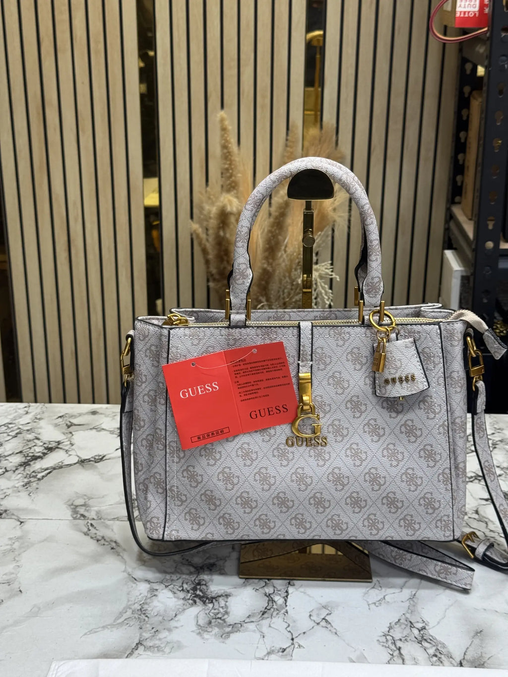 Guess Monogram Logo Satchel Bag Grey With Dust Bag