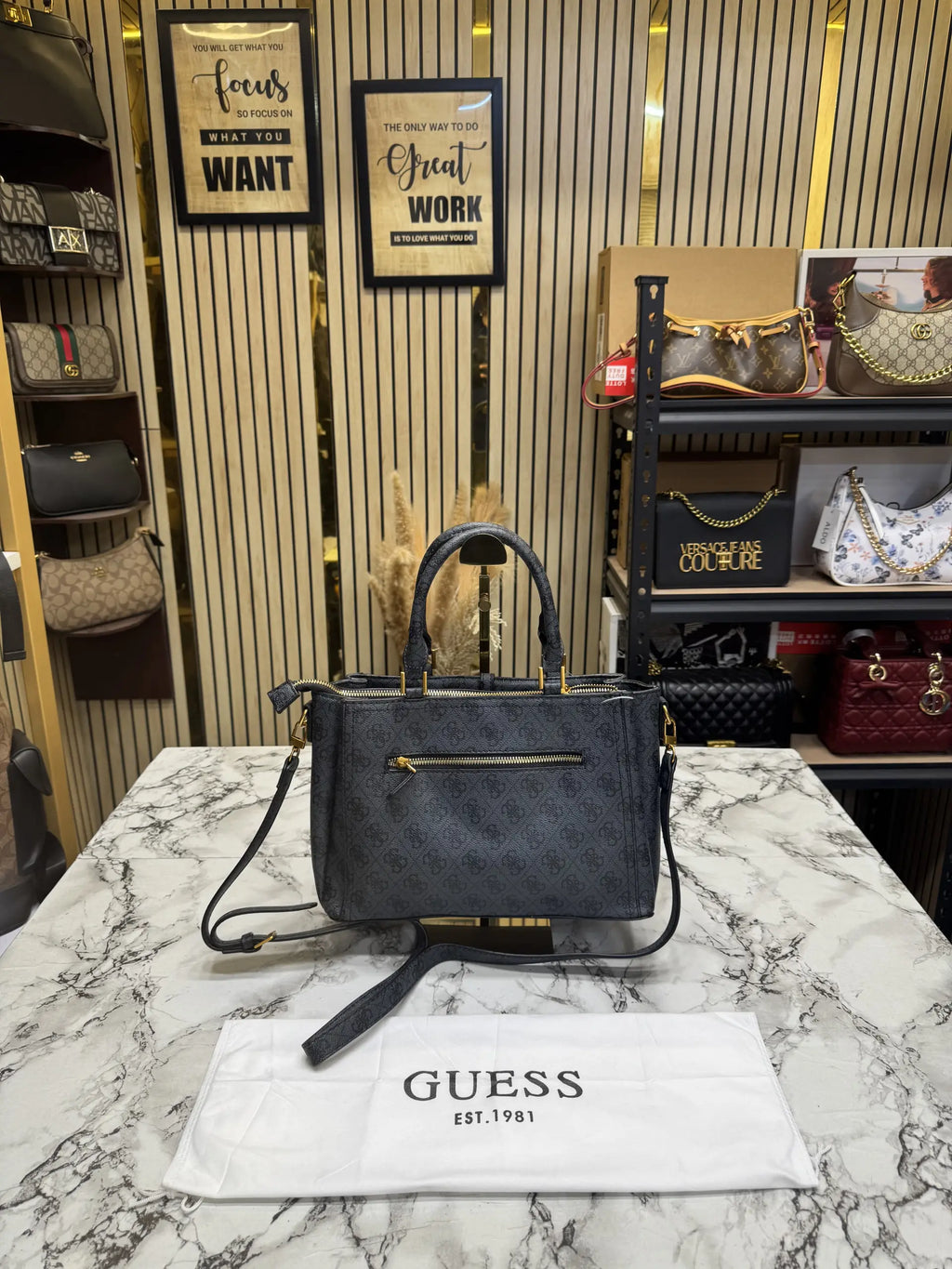 Guess Monogram Logo Satchel Bag Black With Dust Bag