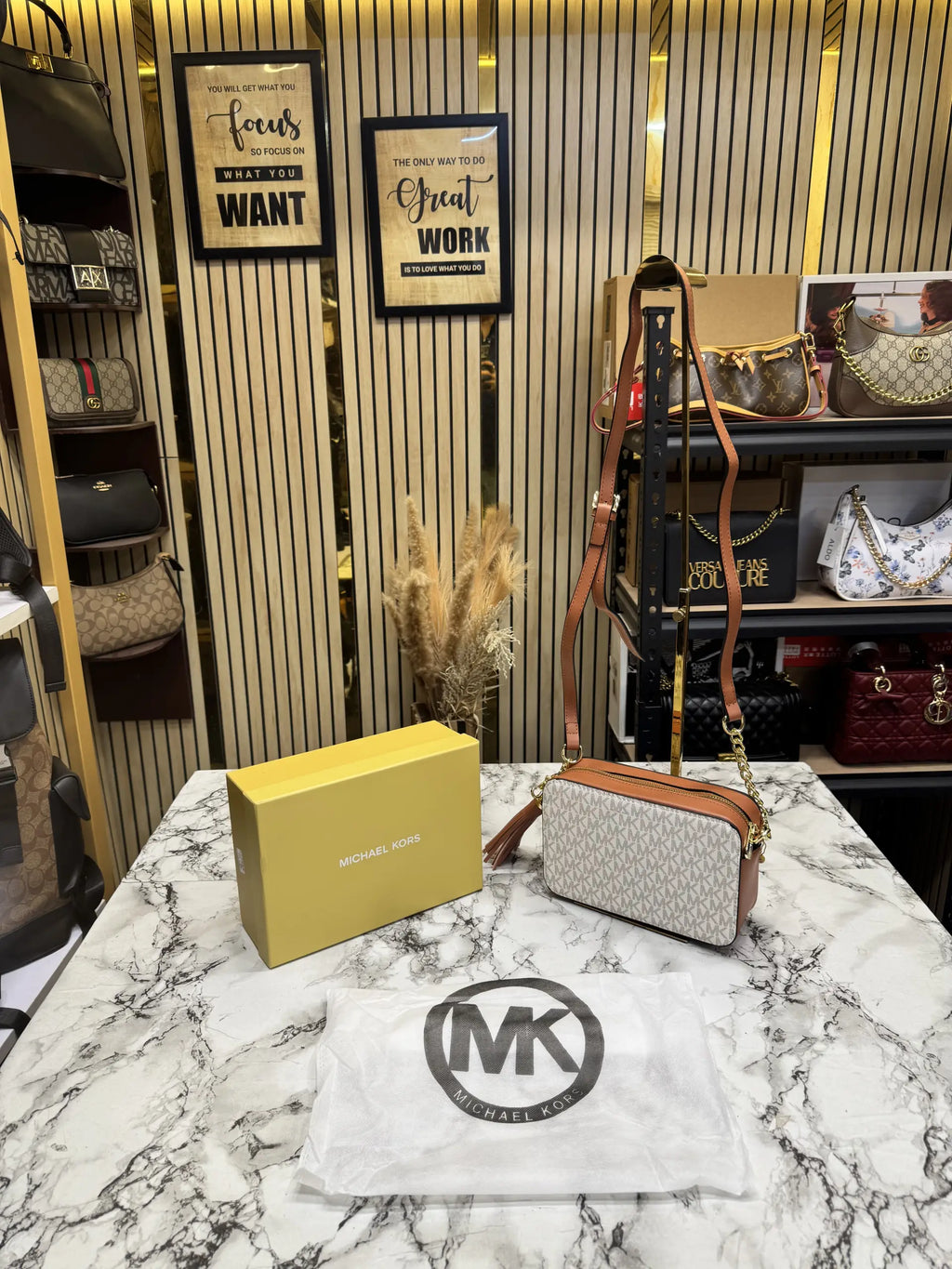 Michael Kors Jet Set Medium Logo Camera Bag Biege Brown With Box  Dust Bag 60688